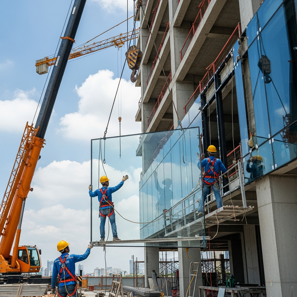 Đội ngũ Tân Hưng Long thi công lắp đặt kính